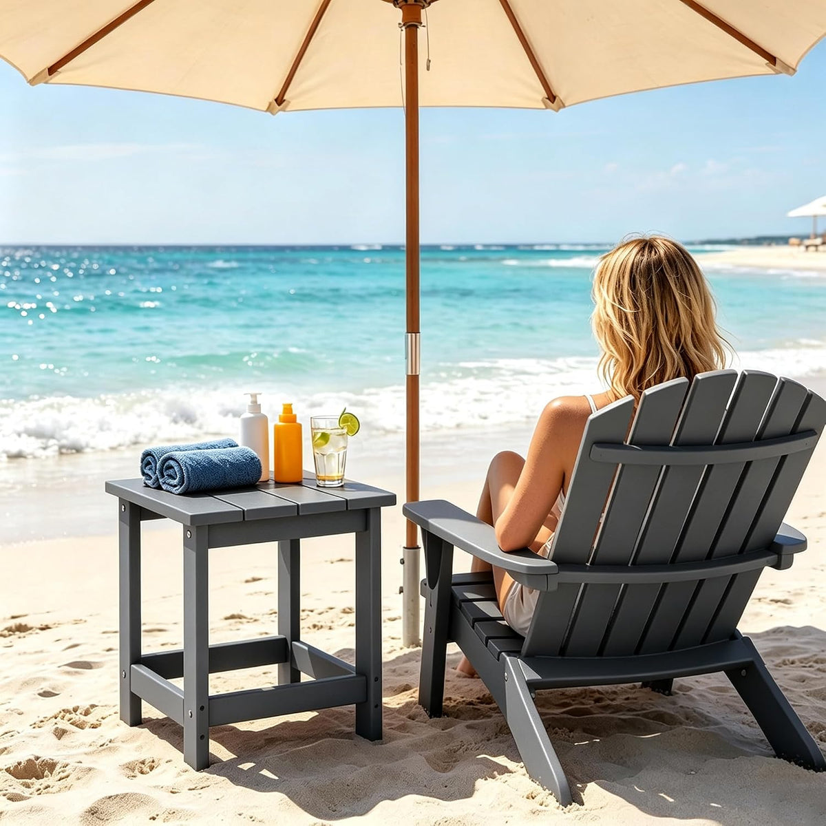 Patio Side Table, Heavy Duty HDPE Outdoor End Table with Wood Texture, Weatherproof Composite Table for Adirondack Chairs, Deck, Pool, Indoor/Outdoor, No Peeling or Cracking(Grey)
