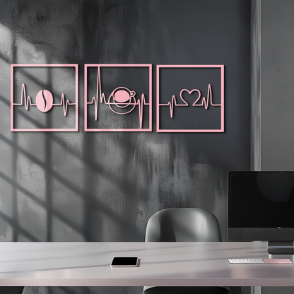 Coffee Heartbeat Metal Wall Art – 3 Panel Espresso Lover Decor - KAFGP128