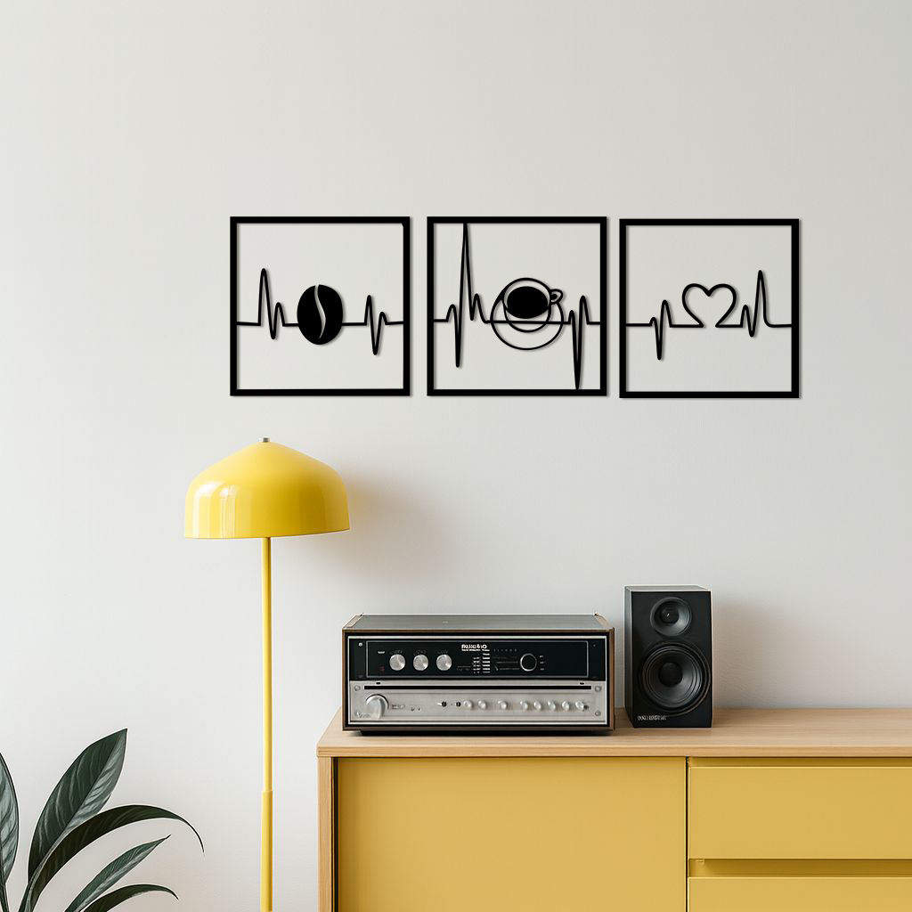 Coffee Heartbeat Metal Wall Art – 3 Panel Espresso Lover Decor - KAFGP128