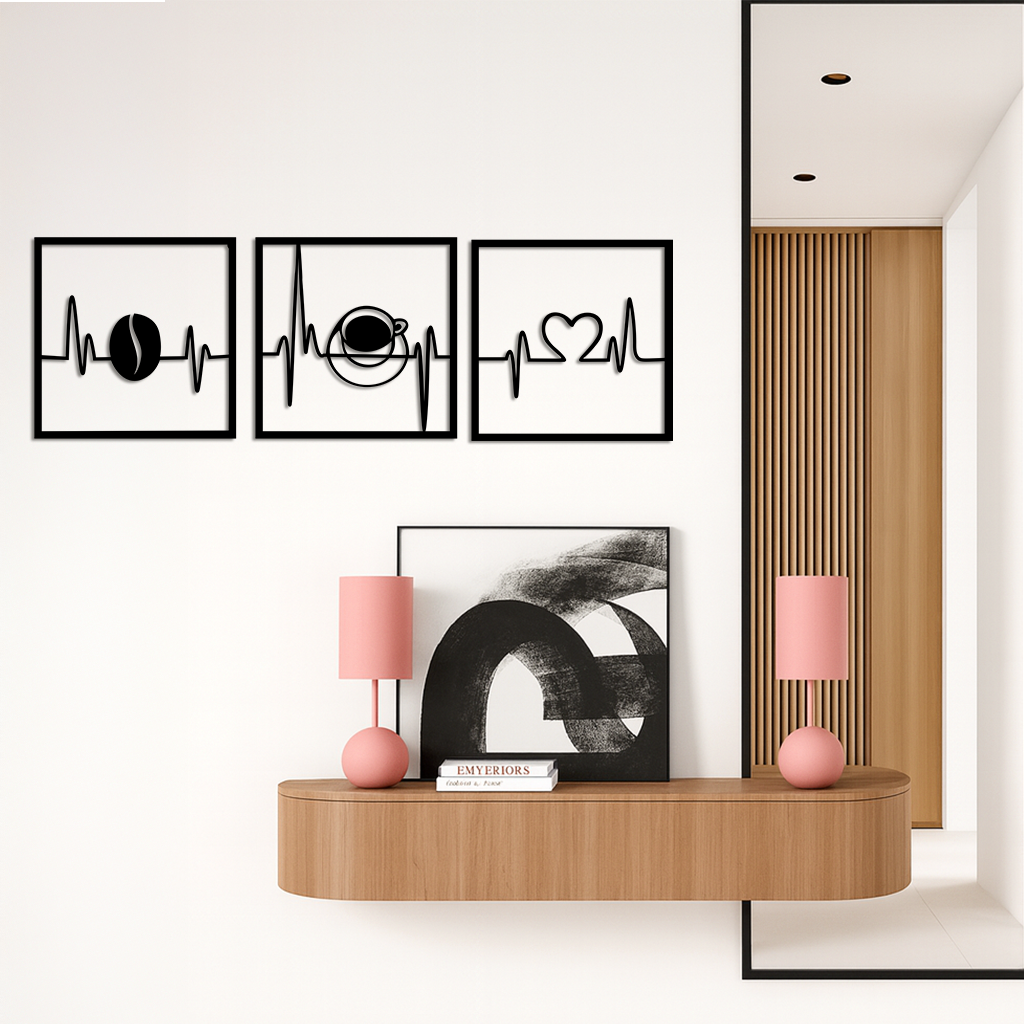 Coffee Heartbeat Metal Wall Art – 3 Panel Espresso Lover Decor - KAFGP128